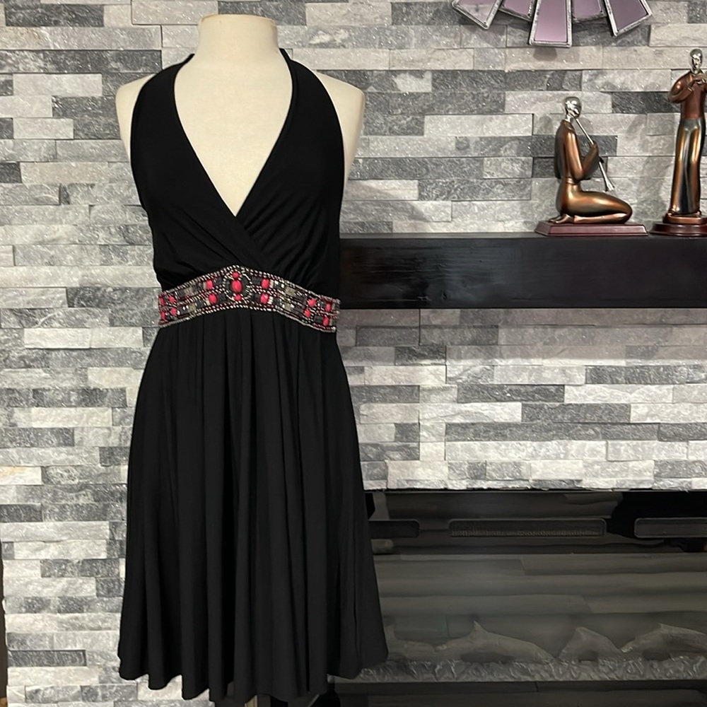 WHITE HOUSE BLACK MARKET Halter Dress Size 10 Black Beaded Empire Waist
